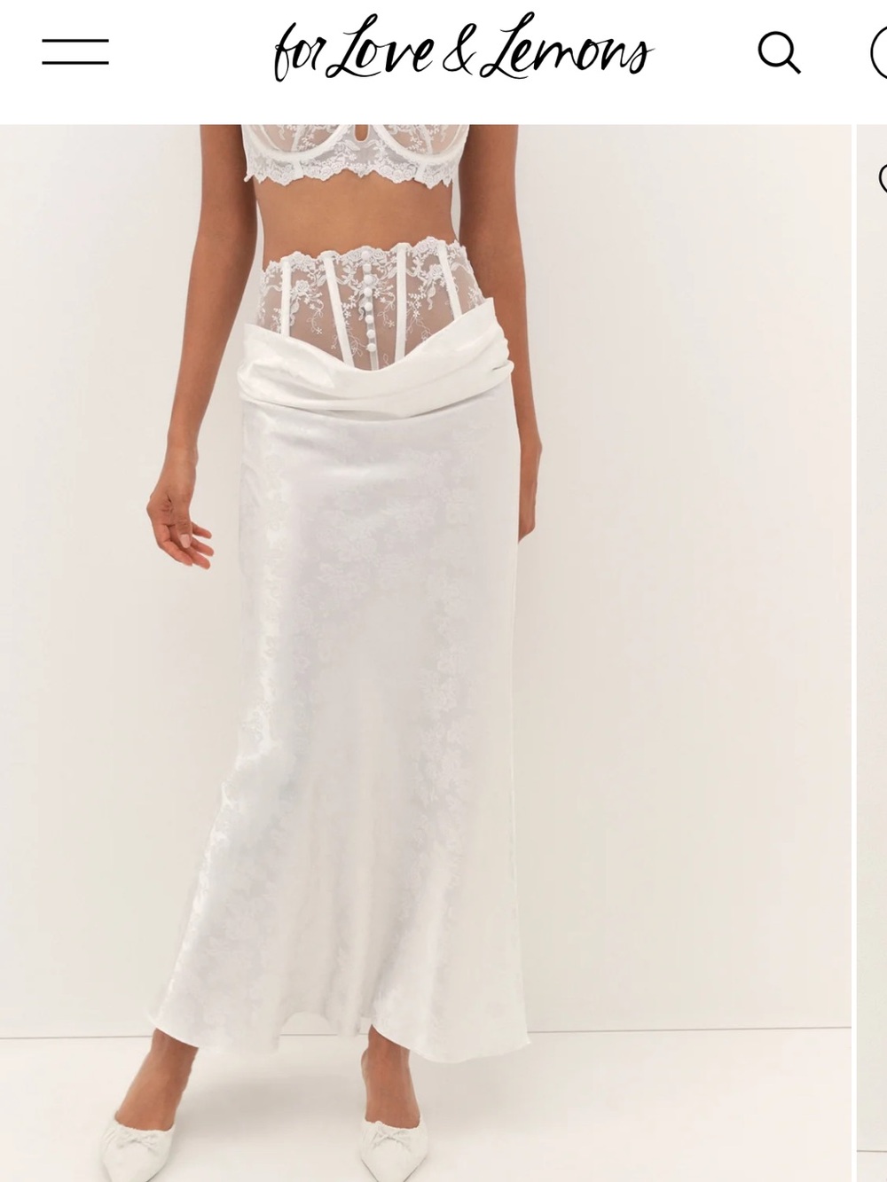 For Love & Lemons White Satin Draped Maxi Skirt